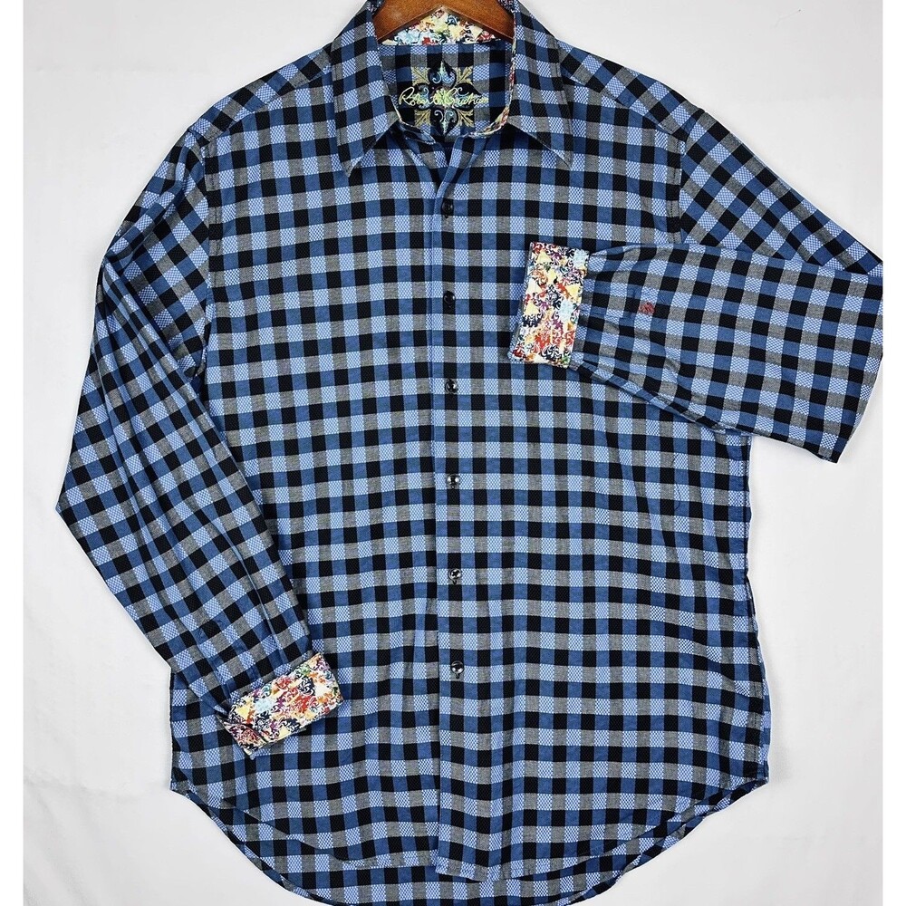 Robert Graham Men’s Flip Cuff Button Shirt Black Blue Gray Black Check Sz Large